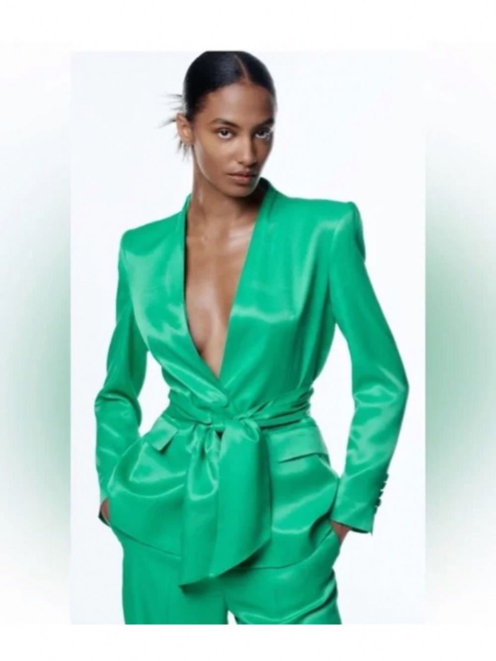 Zara green belted satin effect blazer classic fit